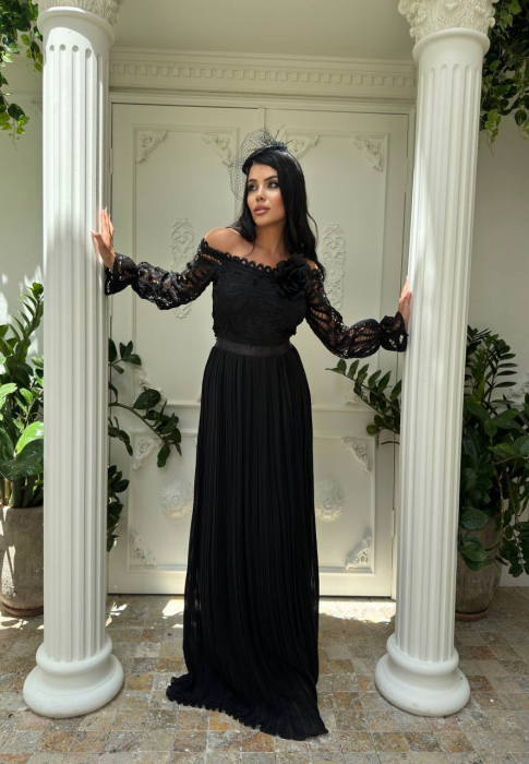 Rochie lunga Neagra, Yllusion NepaGvf, cu detalii perforate si floare 3D din tulle [3]