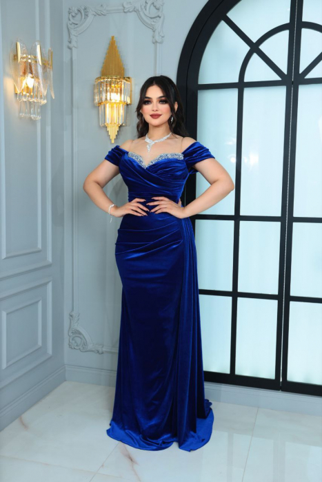 Rochie lunga Roxen eleganta Albastra din catifea [2]