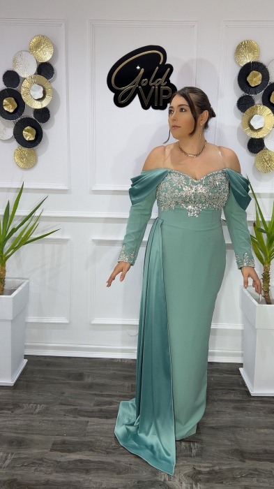 Rochie lunga Turcoaz cu trena si broderie stralucitoare pe maneci si bust Pansy [1]