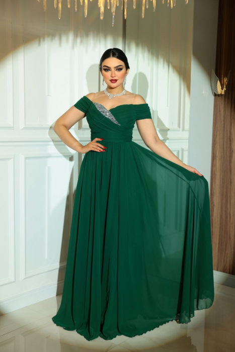 Rochie lunga Verde Smarald FloraGvF, din voal plin, cu umerii cazuti [1]