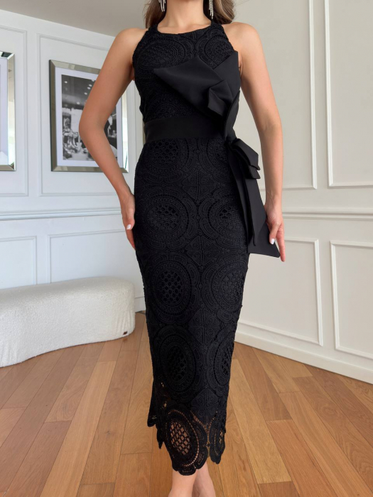 Rochie midi Alba cu funda supradimensionata, Aryn NepaGvF [2]