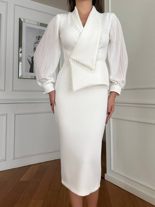Rochie midi Alba Hazel Nepa cu mâneci lungi plisate și semitransparente [3]