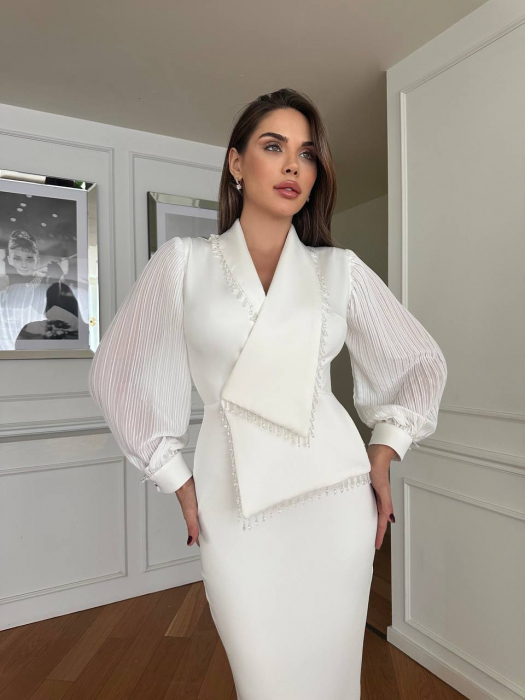 Rochie midi Alba Hazel Nepa cu mâneci lungi plisate și semitransparente [9]