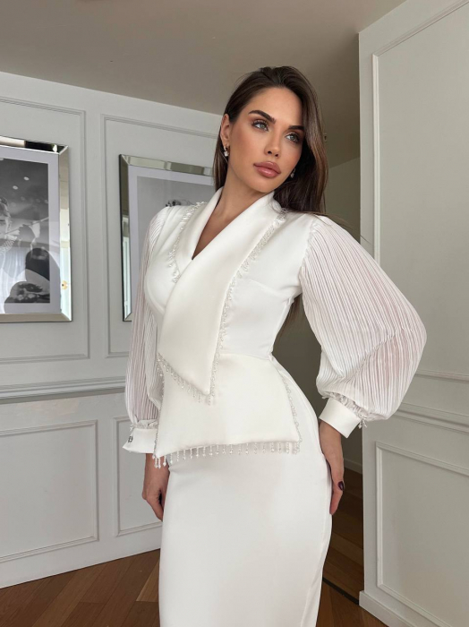 Rochie midi Alba Hazel Nepa cu mâneci lungi plisate și semitransparente [1]