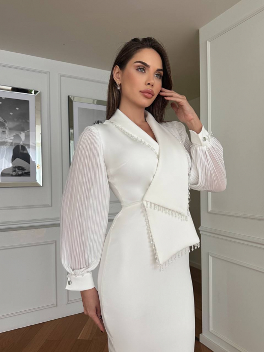 Rochie midi Alba Hazel Nepa cu mâneci lungi plisate și semitransparente [5]