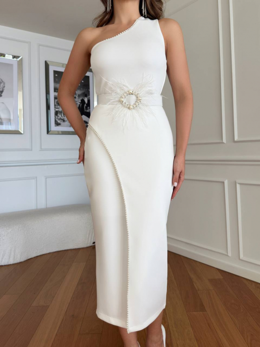 Rochie midi Alba Silvet NepaGvf, accesorizata cu perle [2]