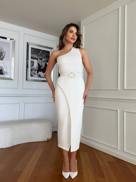 Rochie midi Alba Silvet NepaGvf, accesorizata cu perle [1]