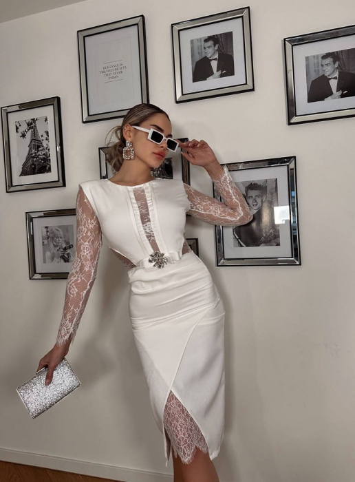 Rochie midi Alba Talisman NepaGvf, cu maneci din dantela [1]