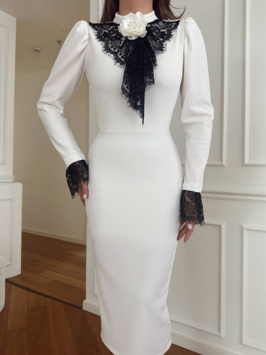 Rochie midi Amour Alba, cu detalii din dantela, NepaGvf [4]