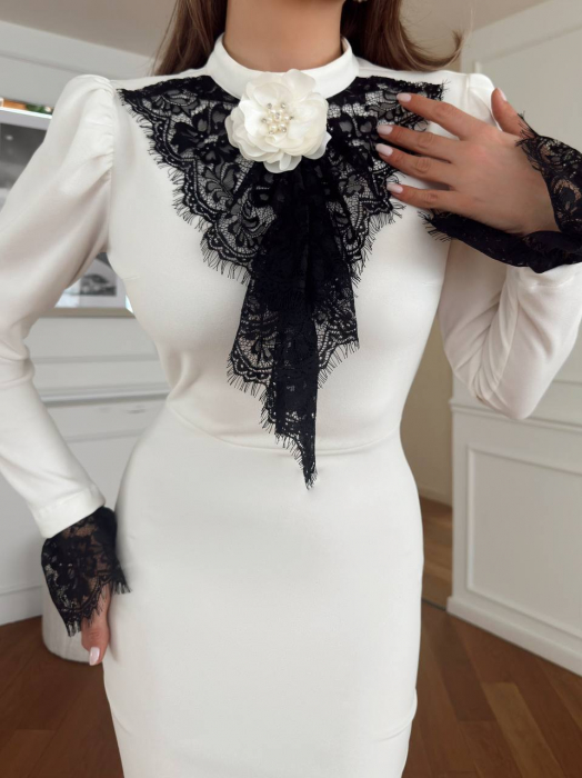 Rochie midi Amour Alba, cu detalii din dantela, NepaGvf [5]