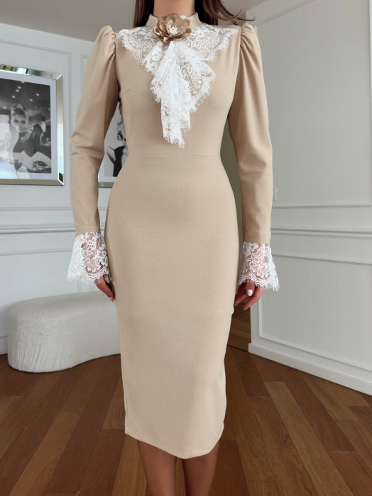 Rochie midi Amour Crem, cu detalii din dantela, NepaGvf [3]