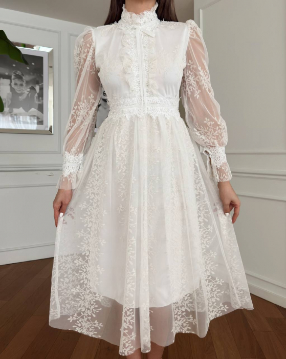 Rochie midi Belle cu tulle si broderie NepaGvf Flower, Alba [4]