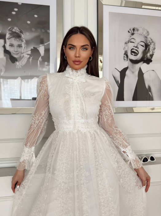 Rochie midi Belle cu tulle si broderie NepaGvf Flower, Alba [3]