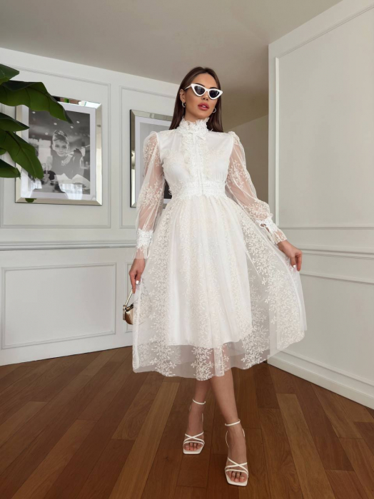 Rochie midi Belle cu tulle si broderie NepaGvf Flower, Alba [2]