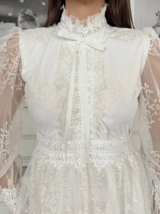 Rochie midi Belle cu tulle si broderie NepaGvf Flower, Alba [5]