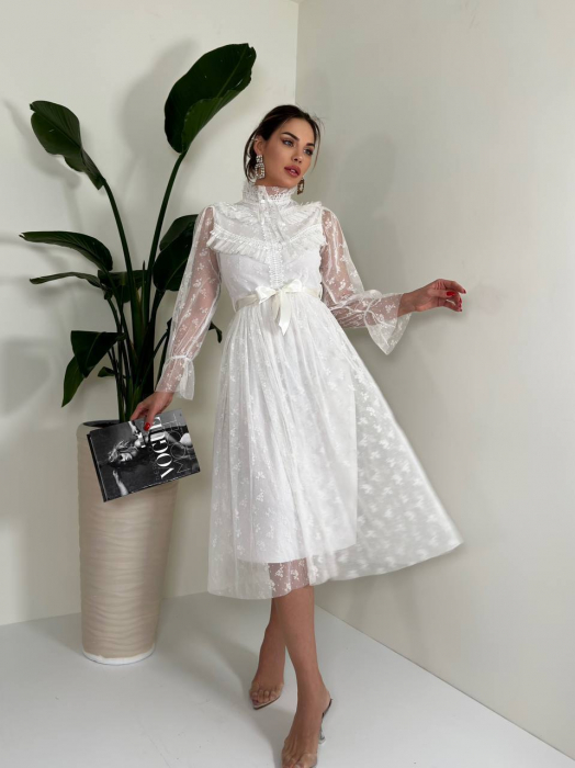 Rochie midi Carolin cu model din tulle si cordon in talie NepaGvF, Alba [2]