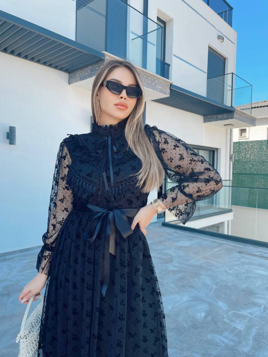 Rochie midi Carolin cu model din tulle si cordon in talie NepaGvF, Neagra [2]