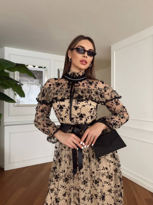 Rochie Midi Bej, florală cu detalii strălucitoare în jurul gâtului Palermo [2]
