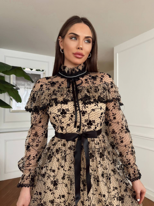 Rochie Midi Bej, florală cu detalii strălucitoare în jurul gâtului Palermo [1]