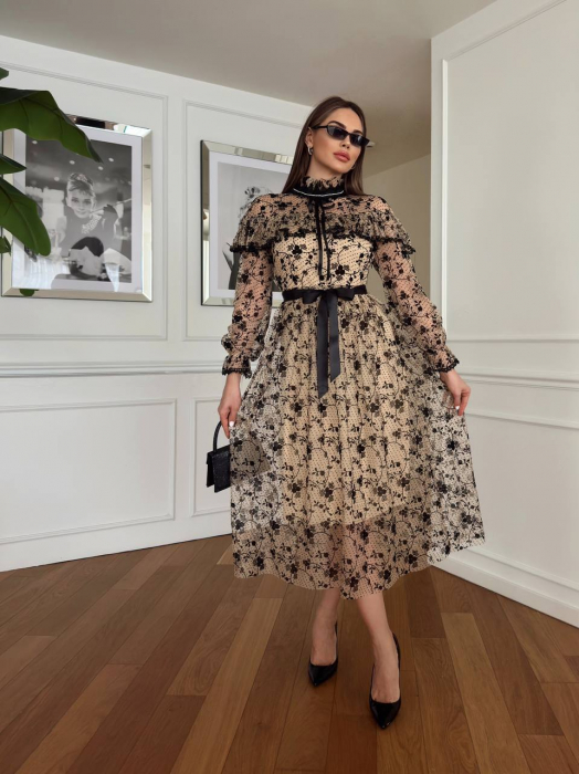 Rochie Midi Bej, florală cu detalii strălucitoare în jurul gâtului Palermo [3]