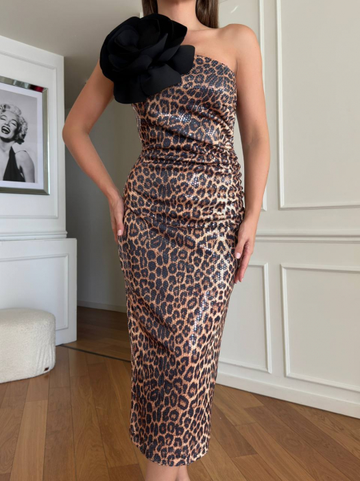 Rochie midi eleganta Dream NepaGvf, animal print, cu floare 3D [6]