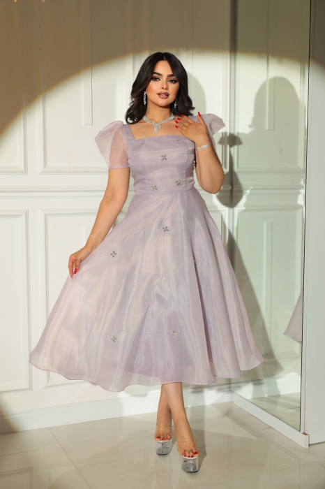 Rochie midi Lila FloraGvF, cu detalii florale si maneci bufante [1]