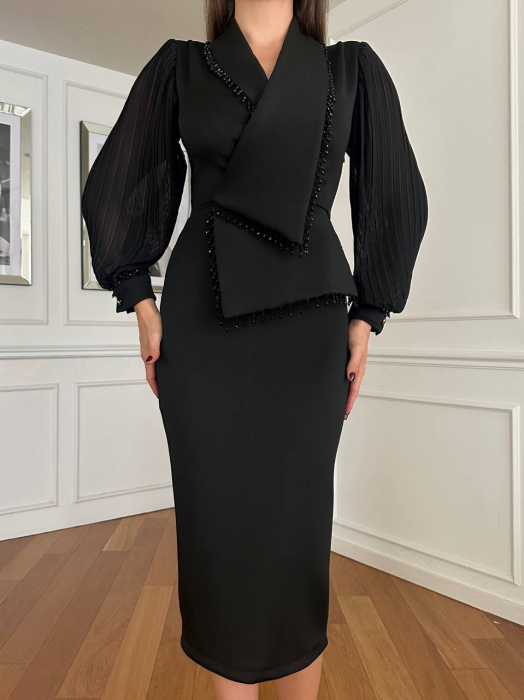 Rochie midi Neagra Hazel Nepa cu mâneci lungi plisate și semitransparente [7]