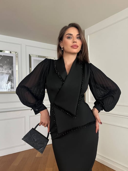 Rochie midi Neagra Hazel Nepa cu mâneci lungi plisate și semitransparente [4]