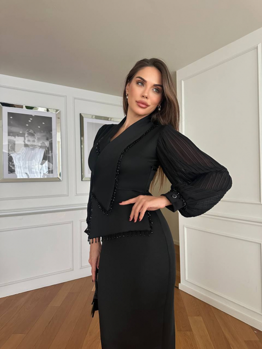 Rochie midi Neagra Hazel Nepa cu mâneci lungi plisate și semitransparente [2]