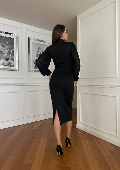 Rochie midi Neagra Hazel Nepa cu mâneci lungi plisate și semitransparente [3]