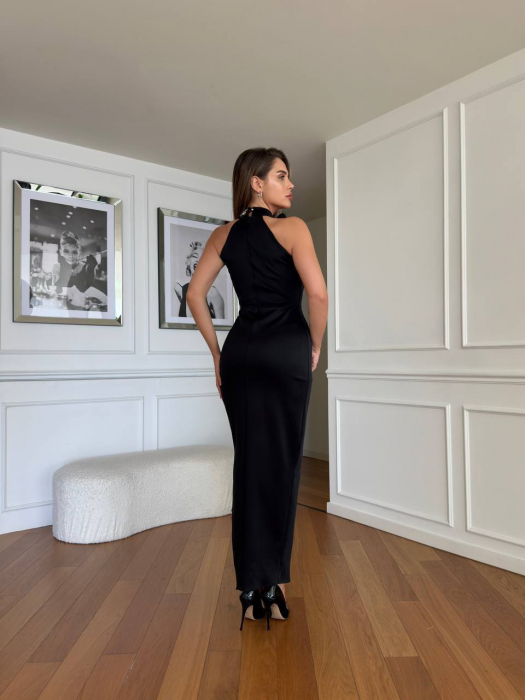 Rochie Midi Neagra, mulata cu slit, cristale stralucitoare la baza gatului si floare 3D N110093 [4]