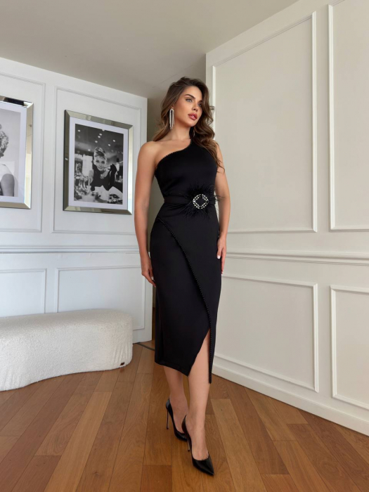 Rochie midi Neagra Silvet NepaGvf, accesorizata cu perle [3]