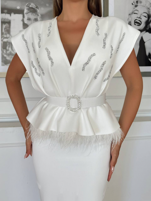 Rochie midi Nepy GvF, cu strasuri si pene, Alba [4]