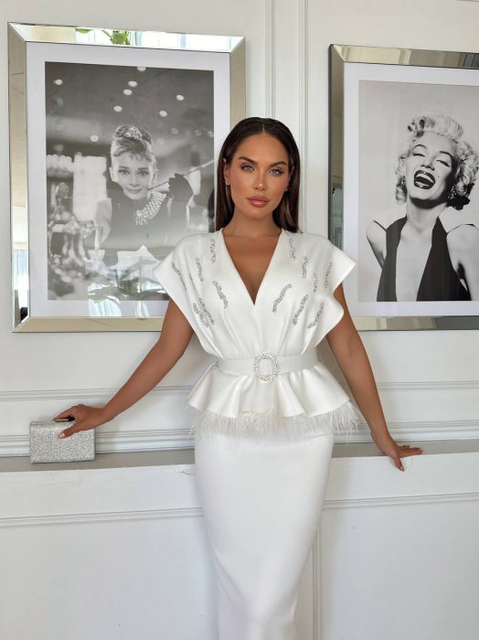 Rochie midi Nepy GvF, cu strasuri si pene, Alba [5]