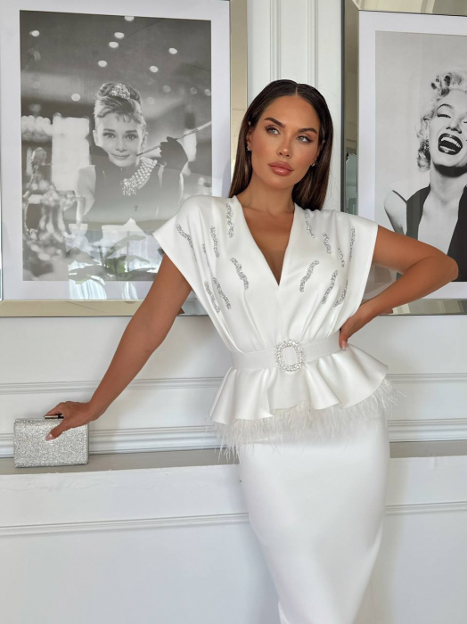 Rochie midi Nepy GvF, cu strasuri si pene, Alba [1]