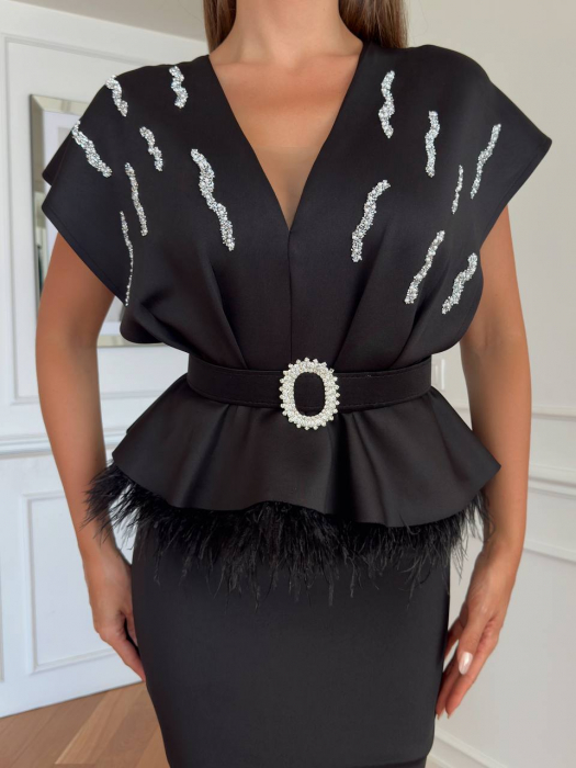 Rochie midi Nepy GvF, cu strasuri si pene, Neagra [3]