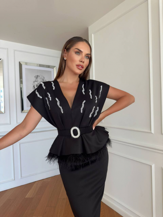 Rochie midi Nepy GvF, cu strasuri si pene, Neagra [1]