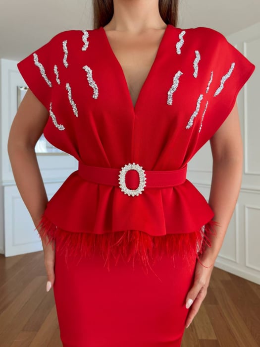 Rochie midi Nepy GvF, cu strasuri si pene, Rosie [5]