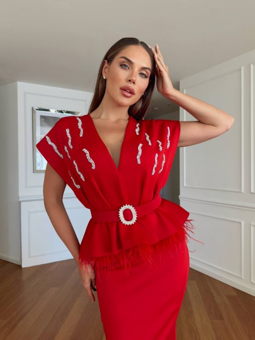 Rochie midi Nepy GvF, cu strasuri si pene, Rosie [4]
