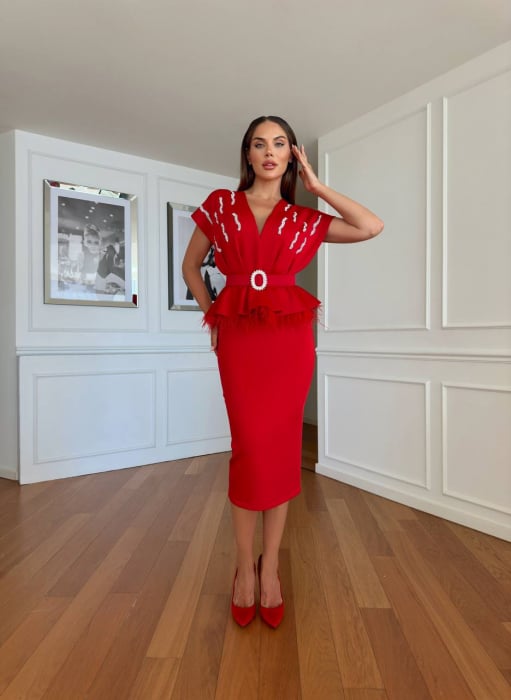 Rochie midi Nepy GvF, cu strasuri si pene, Rosie [2]