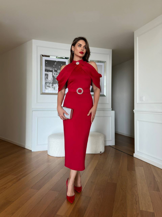 Rochie midi Rosie, accesoriu brosa stralucitoare cu puf si curea cu catarama din cristale Samy N110095 [3]