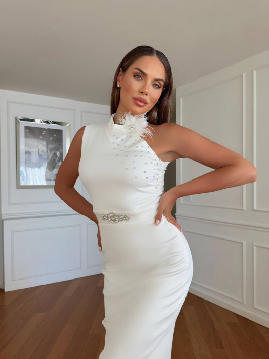 Rochie midi Alba Sammy, decorata cu strasuri stralucitoare si brosa cu pene N110111 [5]