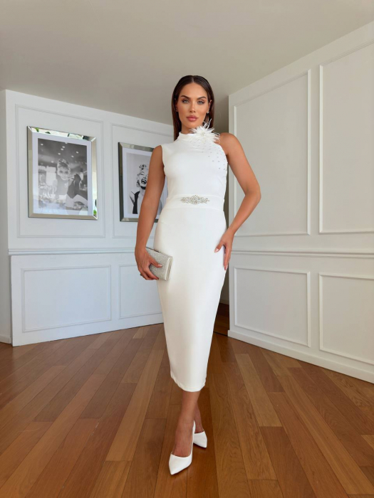 Rochie midi Alba Sammy, decorata cu strasuri stralucitoare si brosa cu pene N110111 [7]