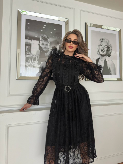 Rochie Neagra midi Sara NepaGvF, cu dantela si accesoriu in talie [3]