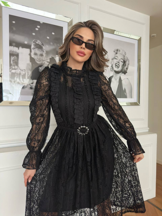 Rochie Neagra midi Sara NepaGvF, cu dantela si accesoriu in talie [1]