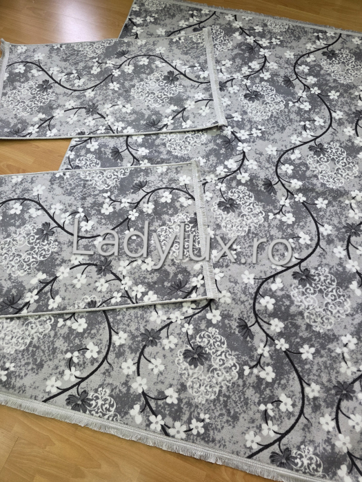 Set covoare antiderapante Gri cu flori– 1 covor mare(140X200CM) + 2 pui(60X100)-C1358 [1]