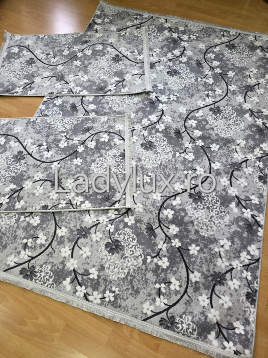 Set covoare antiderapante Gri cu flori– 1 covor mare(140X200CM) + 2 pui(60X100)-C1358 [3]