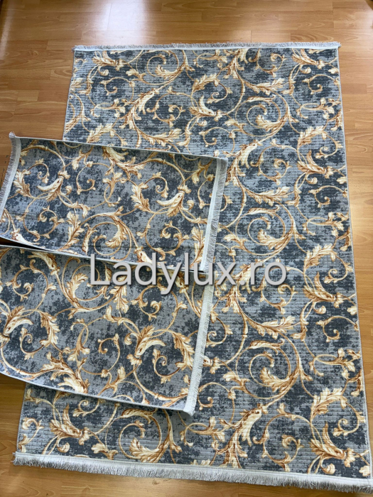 Set covoare antiderapante Gri cu model auriu – 1 covor mare(140X200CM) + 2 pui(60X100) [2]