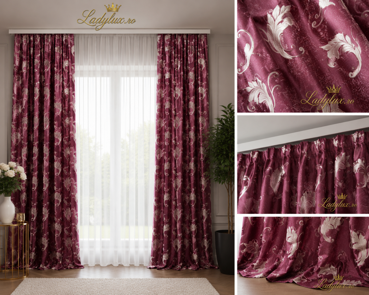 Set Draperii Bordo  Gata Cusute cu Tiv si Rejansă, 3M x 2.5 h Model Frunza [2]