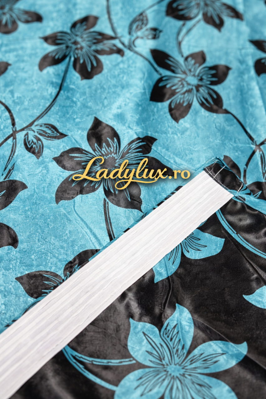 Set Draperii Turcoaz cu Flori Negre 3M x 2.7h - Cu Tiv si Rejansa [3]